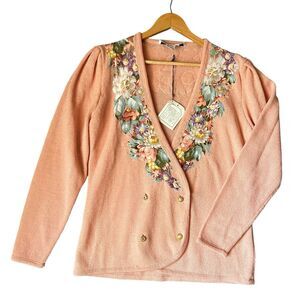 VTG 80s Satin Knit Cardigan Womens Sz L Pastel Floral Applique Jeweled Fairycore